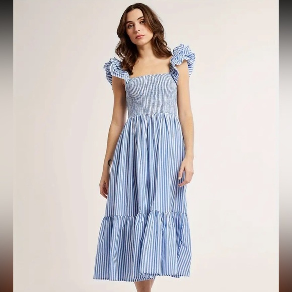 DRENKGIRLS Dresses & Skirts - Blue and White Striped Off-Shoulder Flowey Maxi Dress Tunic Size Small